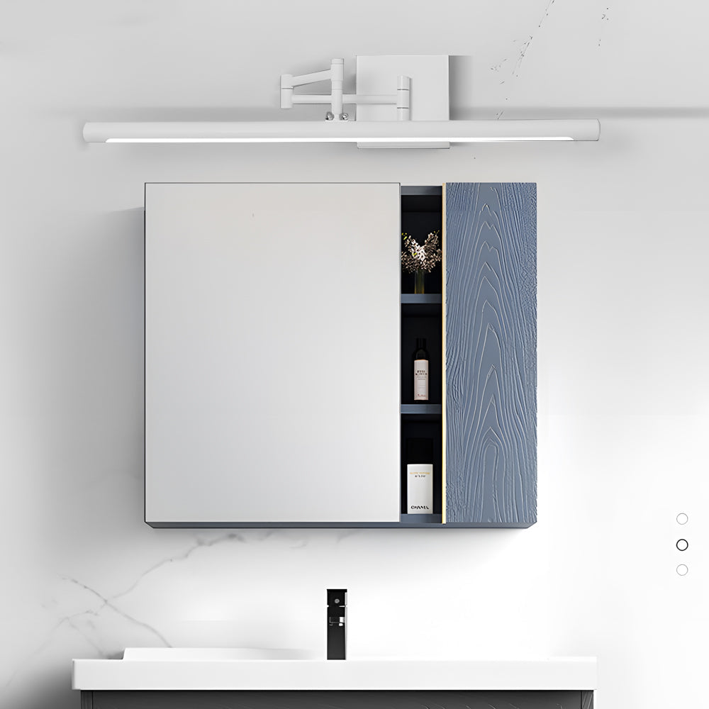 Black LED vanity bar light mounted beside a bathroom medicine cabinet