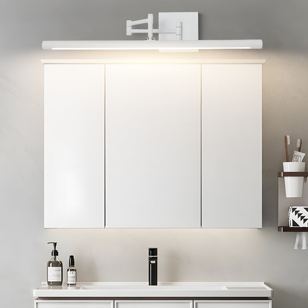 Wall-mounted black LED vanity light illuminating a bathroom mirror area