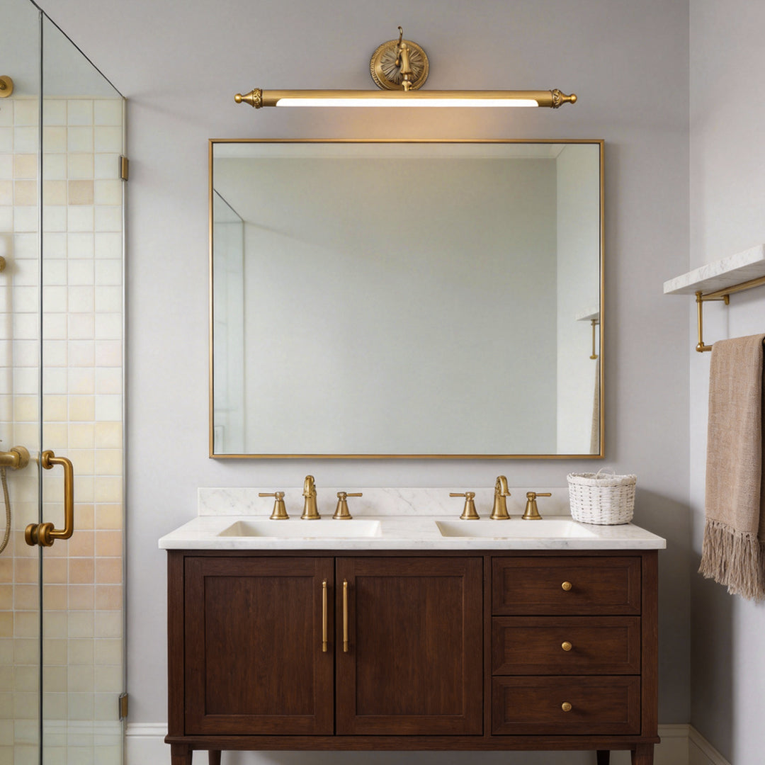 Viora LED vanity light bar above a double-sink bathroom vanity unit
