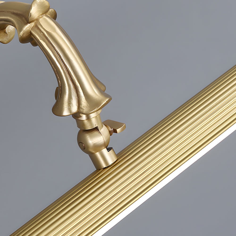 Wall-mount detail of Viora brushed gold vanity light bar showing backplate and fixing