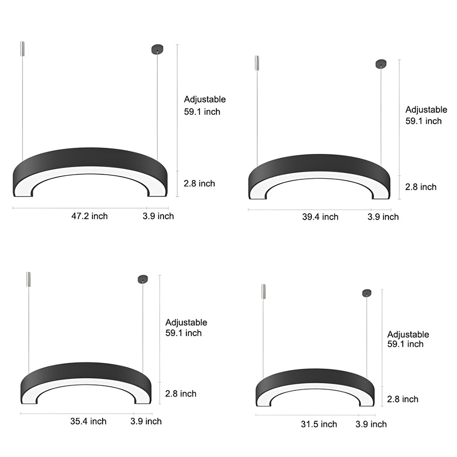 Aureon C-shape pendant light dimensions diagram showing diameter and height measurements