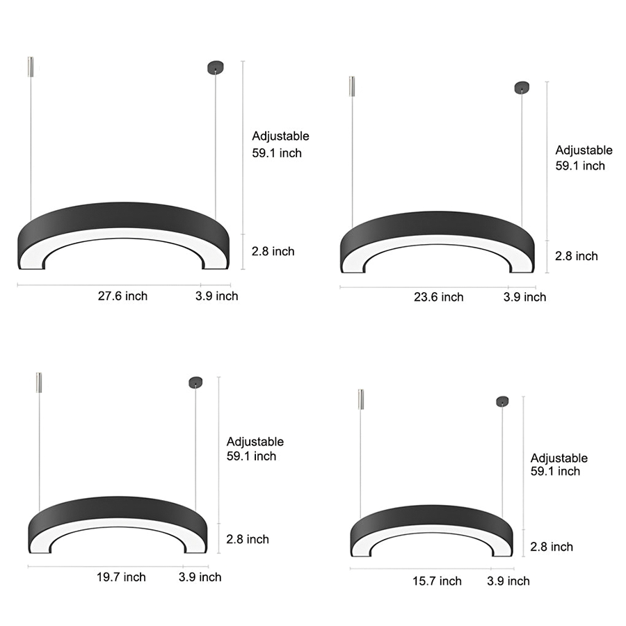 Aureon pendant light size and installation chart showing all eight diameter variant options
