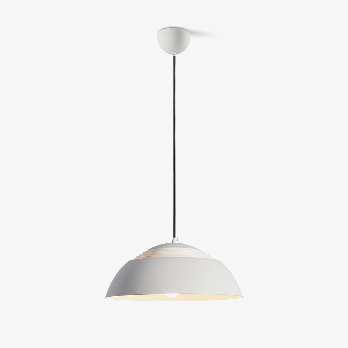 Vantara 50 cm drum pendant in matte white above a marble-topped kitchen island