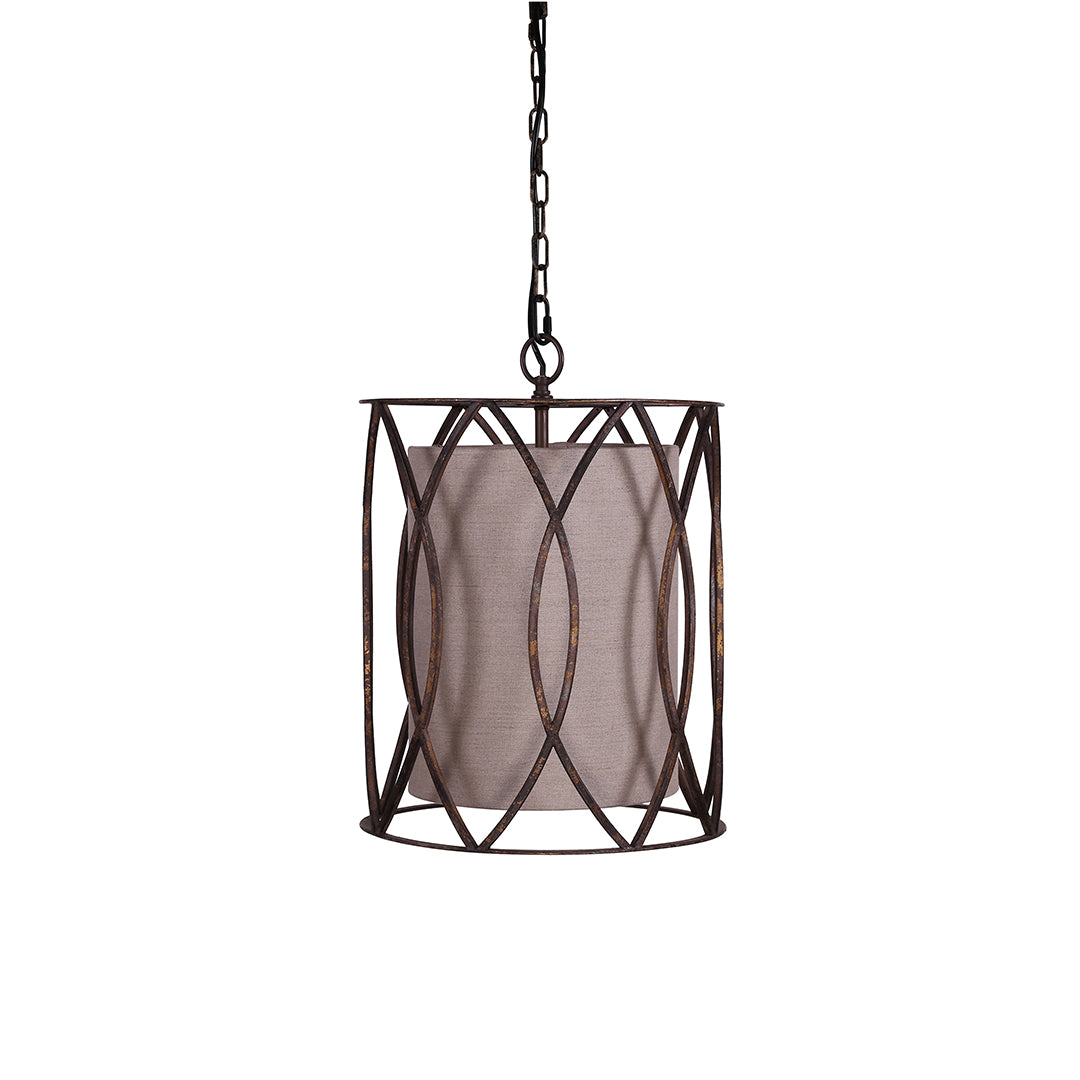 Aureon black pendant light with caged metalwork detail and linen diffuser shade