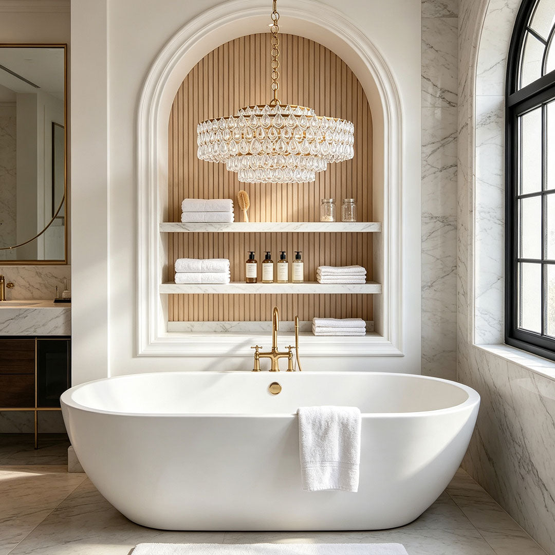 Auréline crystal chandelier in a bathroom setting, modern copper frame glass pendant ceiling light