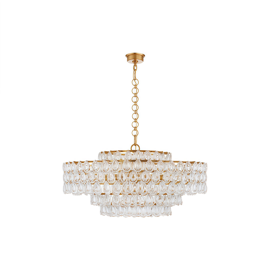 Large Auréline crystal chandelier with ring silhouette and glass drop pendants, contemporary ceiling light