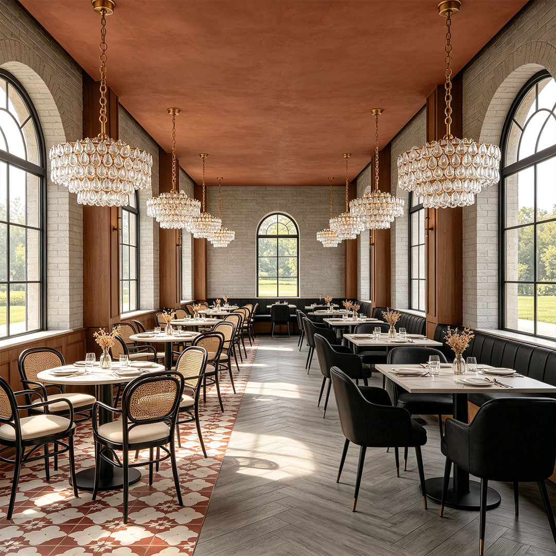 Contemporary crystal ring chandelier in a restaurant interior, copper frame glass drop ceiling light