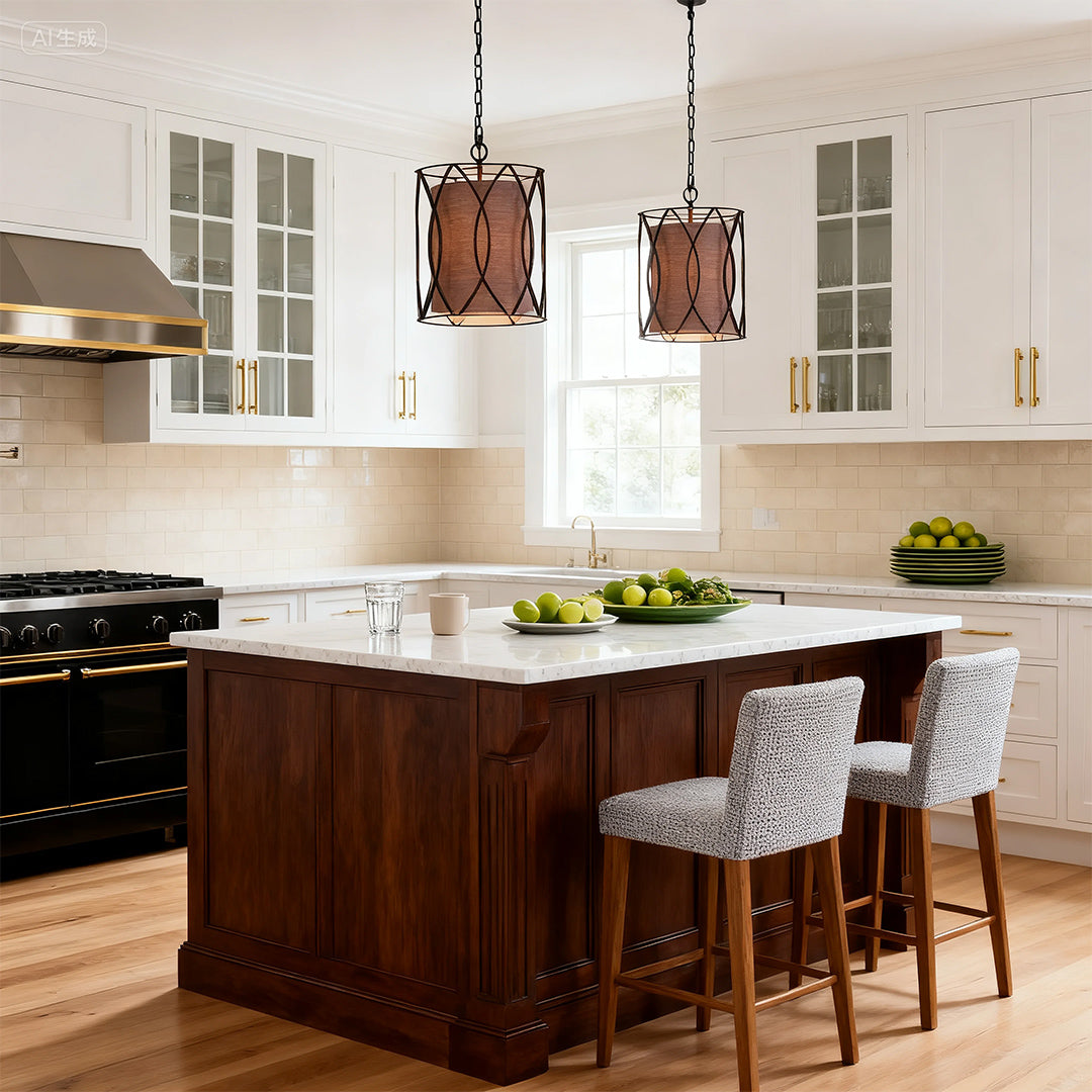 Aureon black pendant light above a marble-top surface in a contemporary dining setting