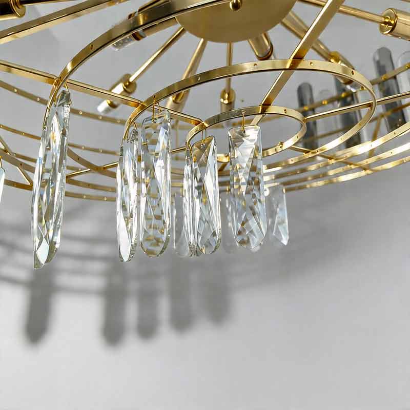 Clear and smoky grey glass crystal droplets hanging from the Auréline crystal chandelier