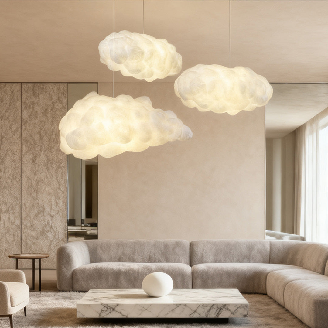 Cloud-shaped pendant light in a modern living room, fabric shade diffusing soft overhead light