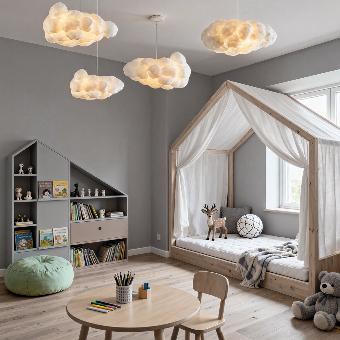 Cloud pendant light installed above a children's play area, soft warm illumination