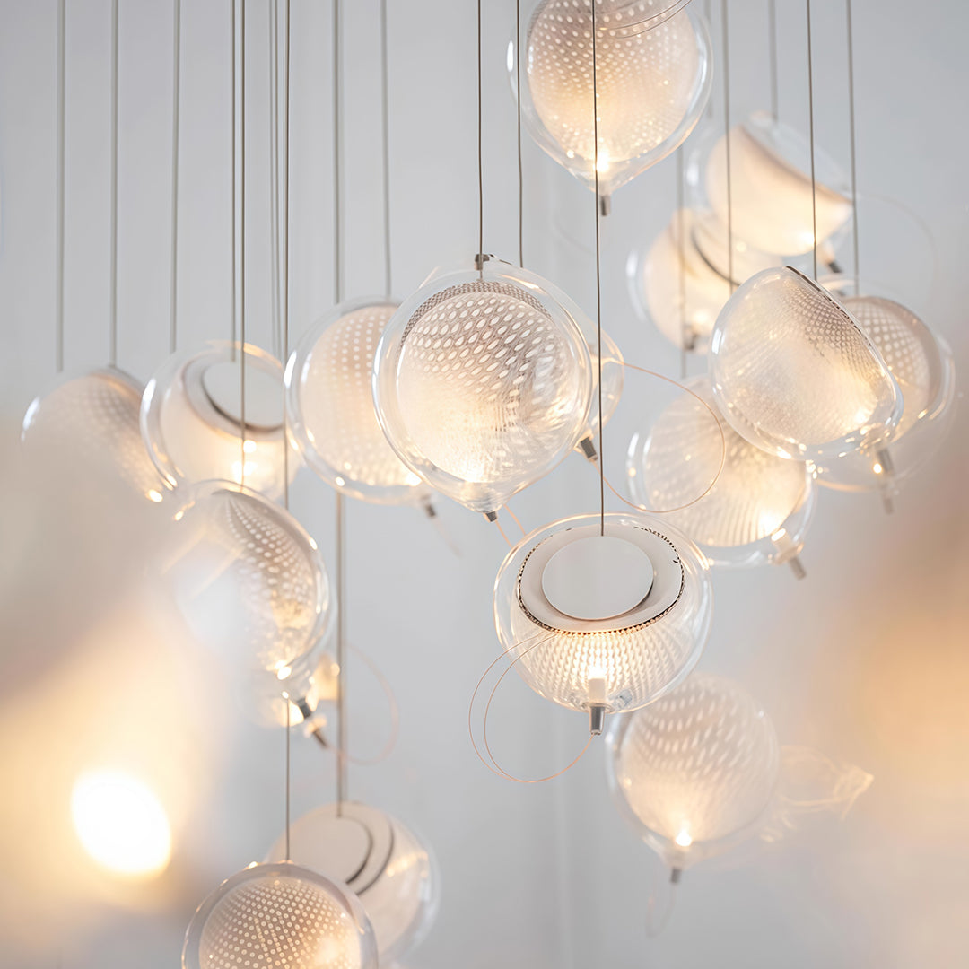 Cluster of jellyfish glass pendant lights in chrome finish, installation view for kitchen island or dining room