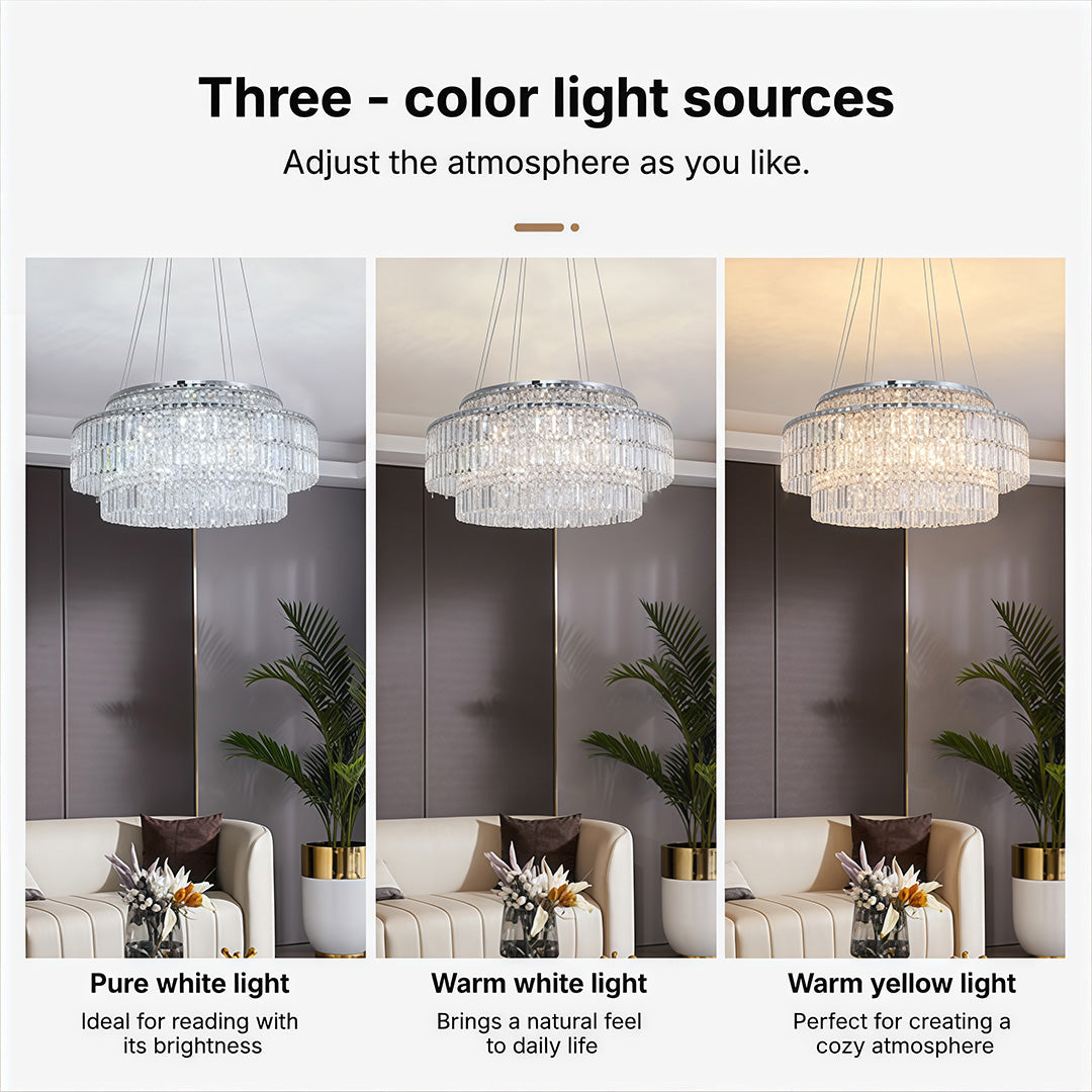 Crystal chandelier comparison showing three colour temperatures: warm white, neutral white, cool white