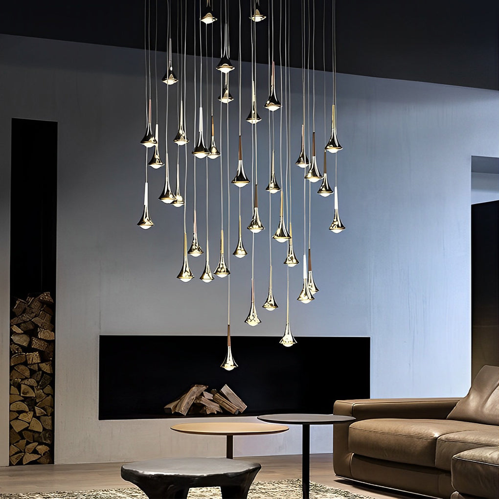 Cluster of Aureon teardrop mini pendant lights at varying heights, modern cascading ceiling light arrangement