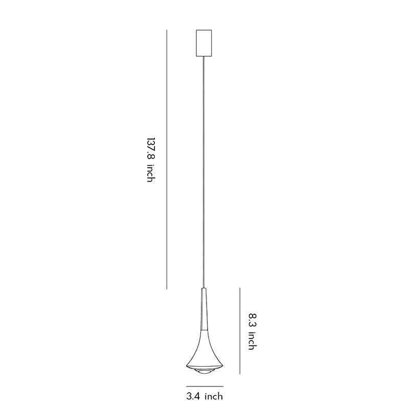 Aureon teardrop pendant light dimension drawing showing width, depth, and height measurements