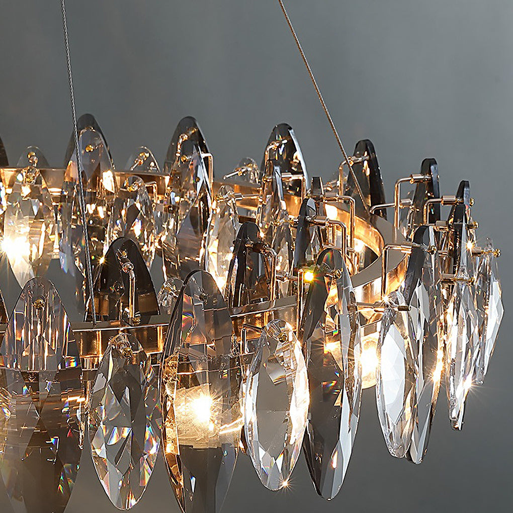 Detailed view of smoky grey K9 crystal glass shades on modern ring chandelier