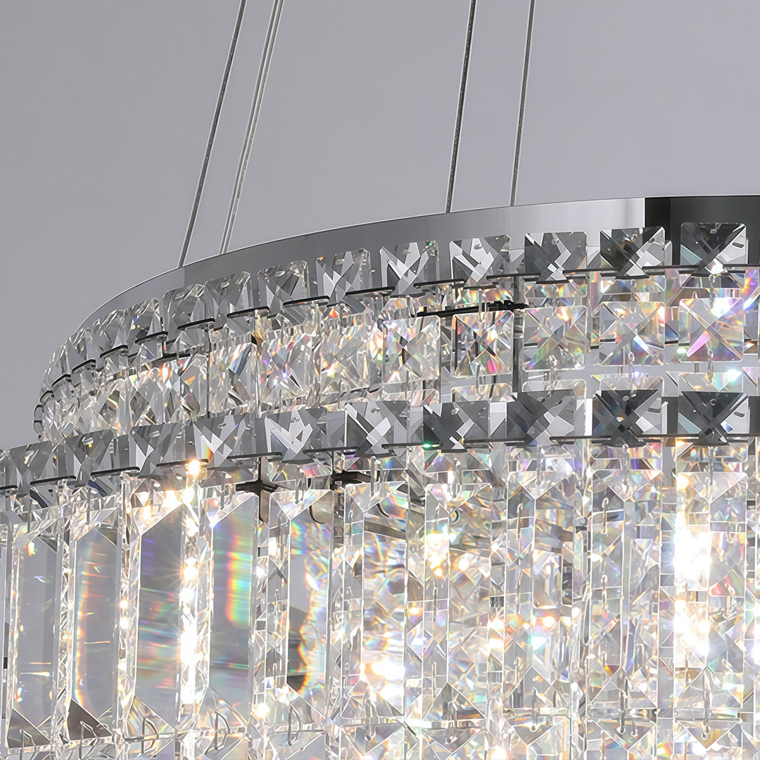 Detailed view of cascading tiered round crystal drops, faceted bead chandelier construction