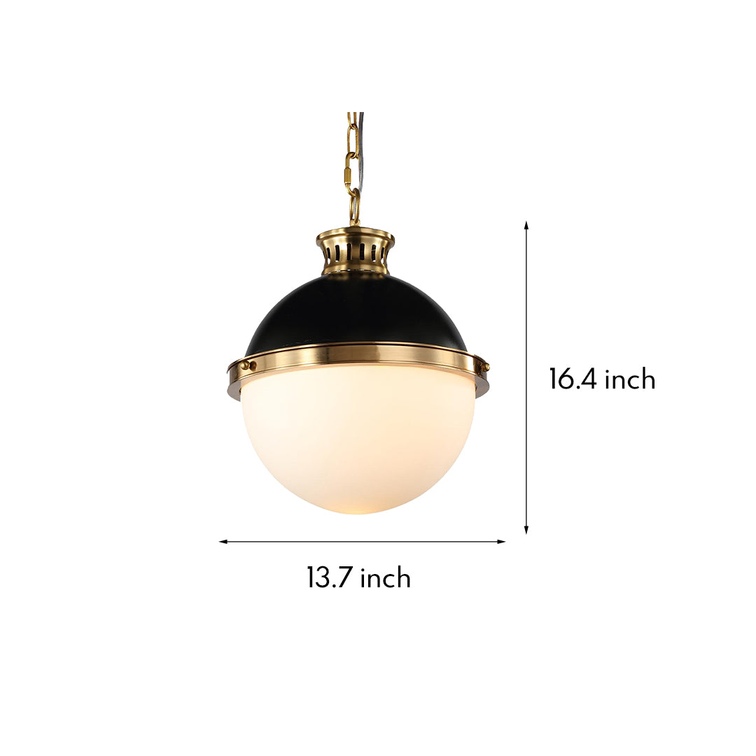 Isolated product view of Aureon glass globe pendant light with brass accents on white background
