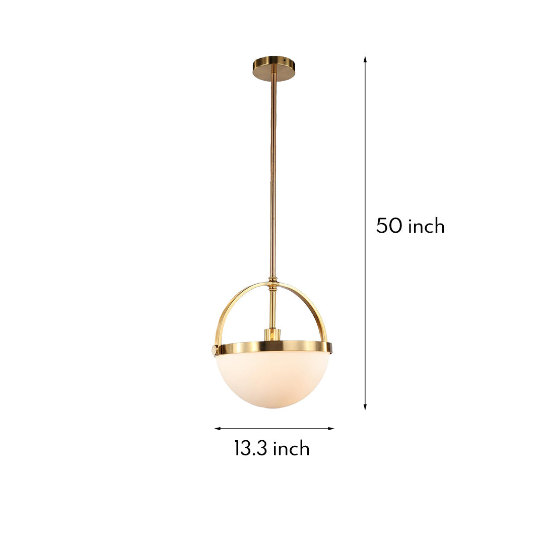 Dimension diagram for Aureon gold pendant light showing 13.3 inch diameter and 50 inch total height