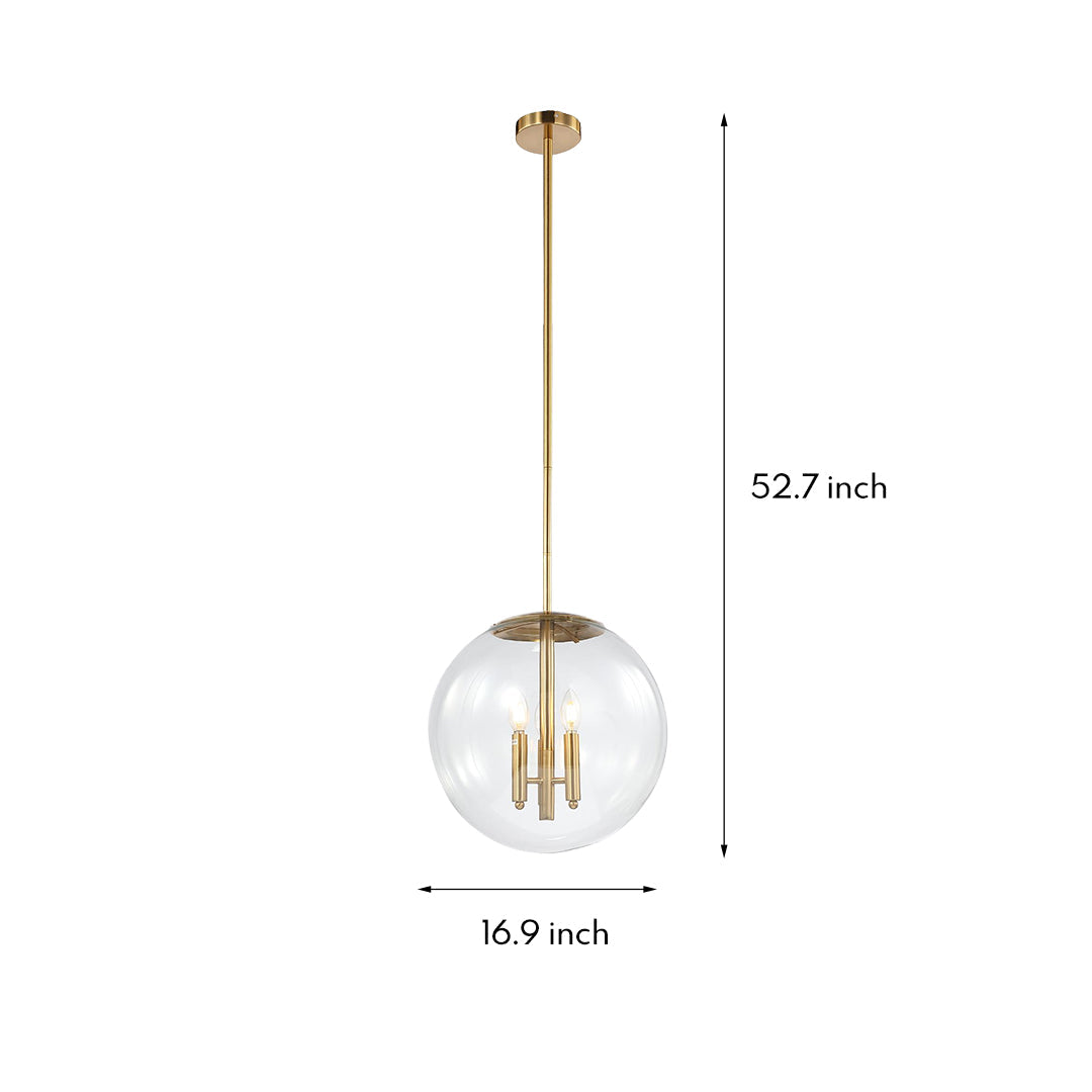Dimension diagram for Aureon clear globe pendant light showing 16.9 inch diameter and total drop height
