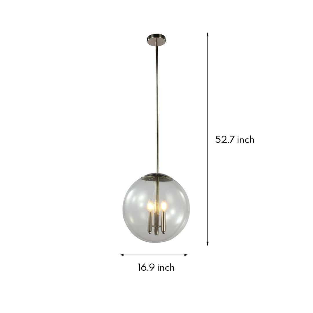 Dimension diagram for the Aureon 16.9-inch glass orb pendant light showing diameter and maximum drop