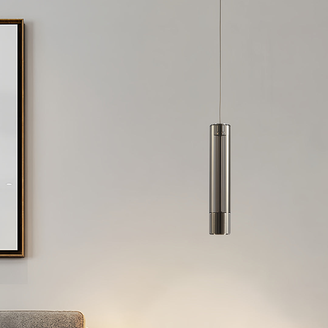 Minimalist crystal pendant lights illuminating a contemporary hallway