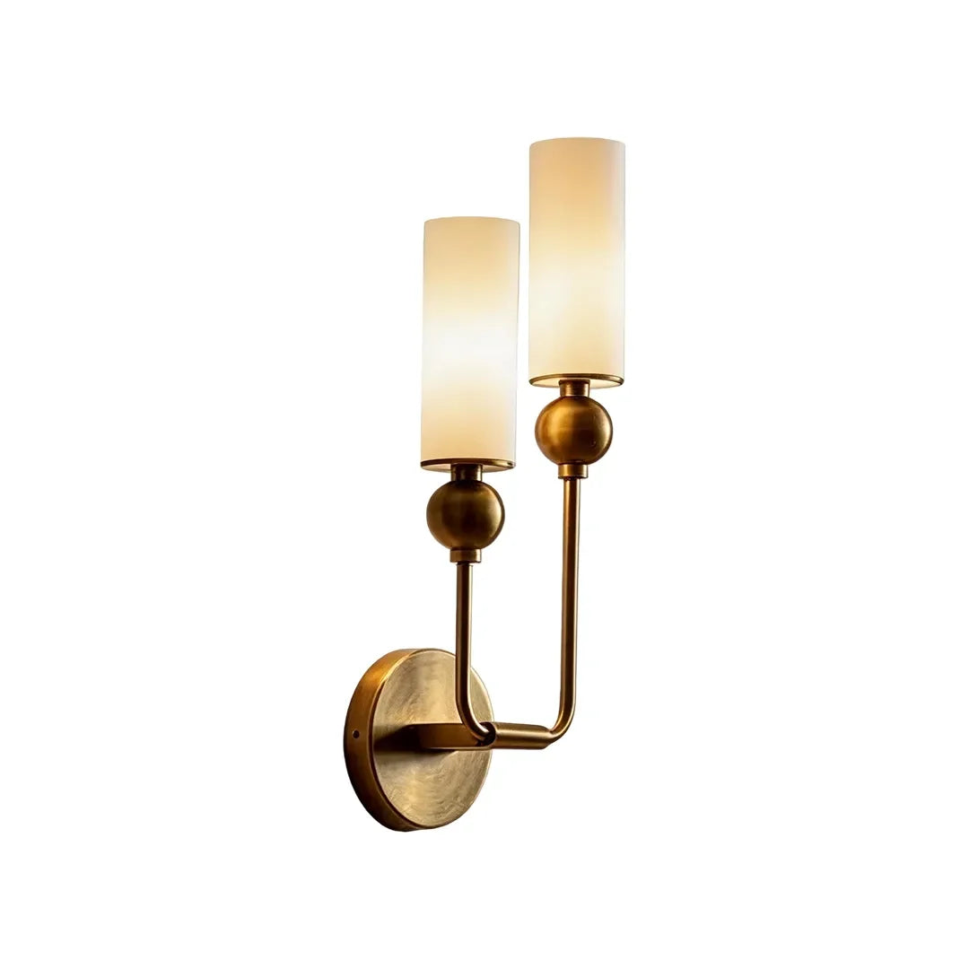 Niva double brass wall sconce with staggered white marble shades, product hero shot