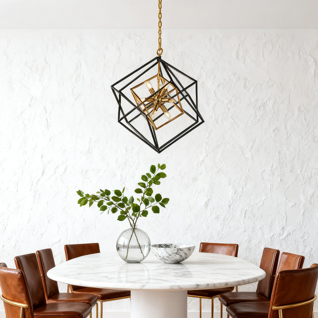 Elegant black and gold Aureon square pendant light above a round dining table