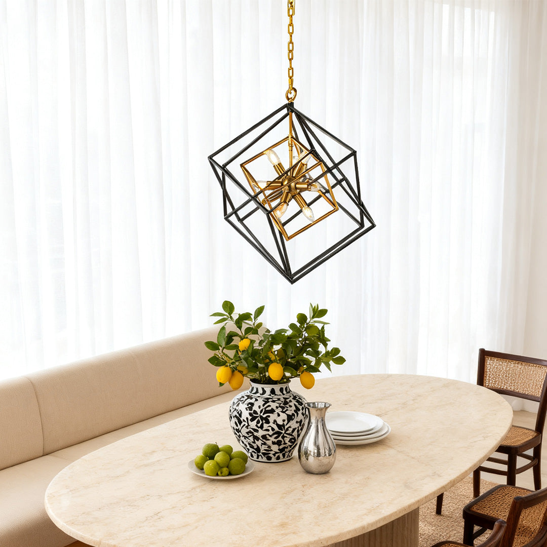 Multiple Aureon square pendant lights nested above an oval dining table