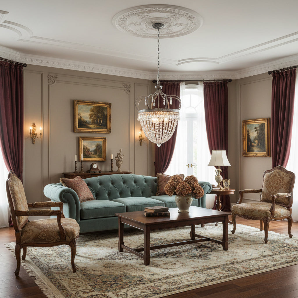 Wrought iron crown detail of Vantara chandelier in antiqued silver finish