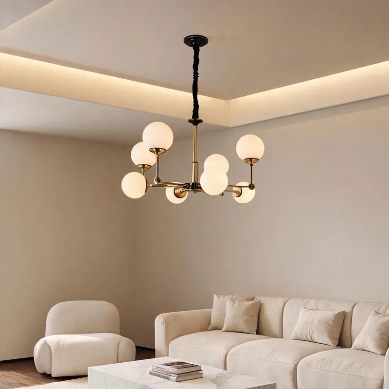 Auréline molecular glass chandelier illuminated in an open-plan living space