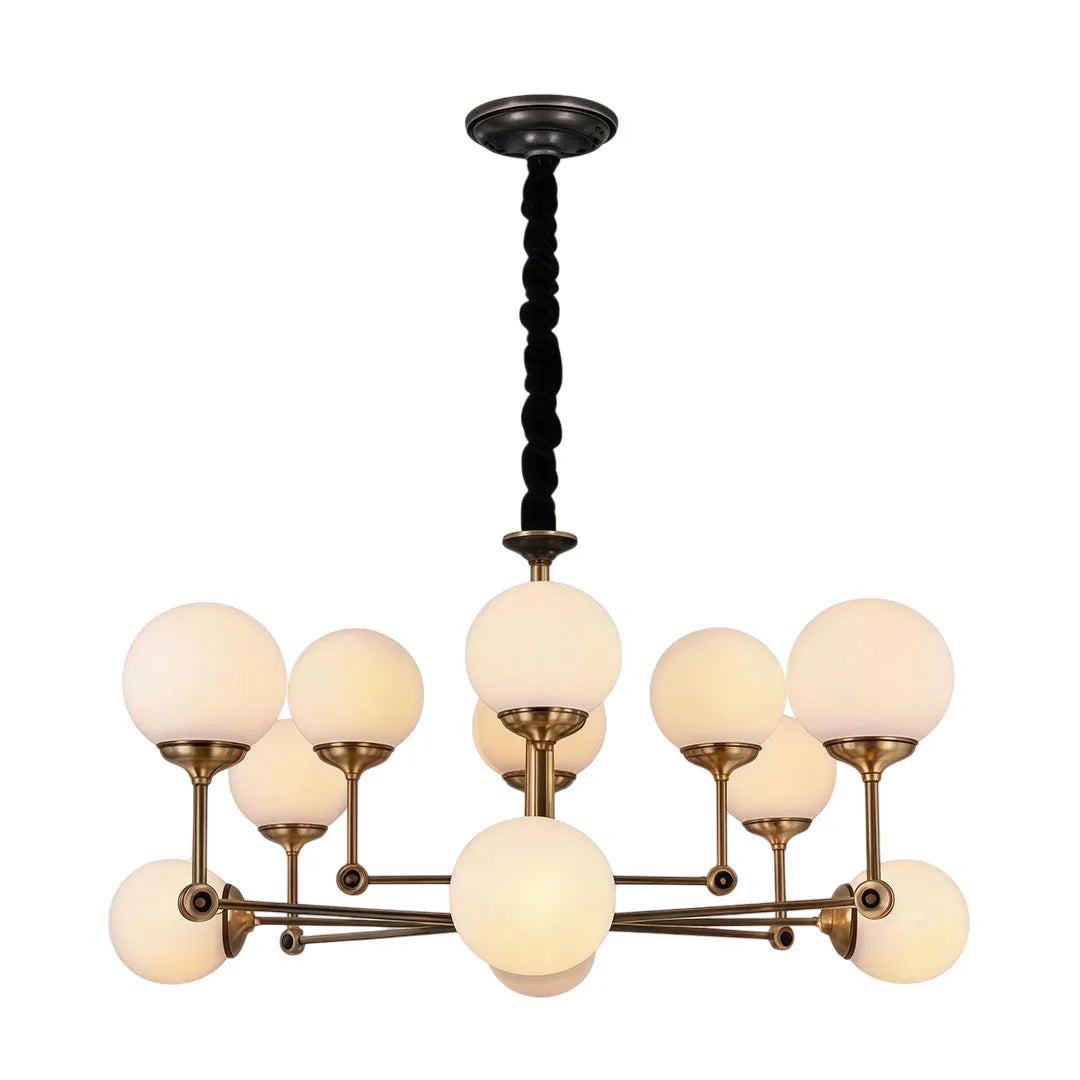 Auréline molecular brass chandelier product detail view, frosted glass spheres