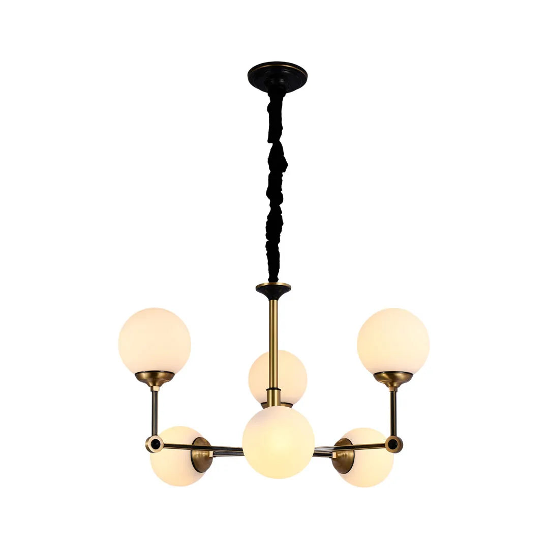 Auréline molecular glass ball chandelier on white background, black and gold brass finish