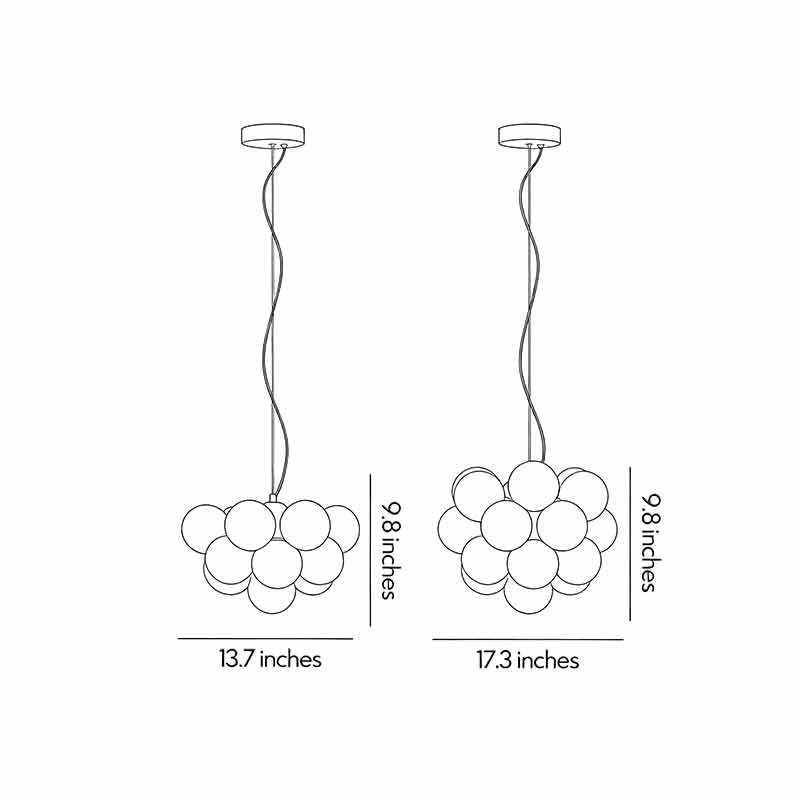 Dimensions drawing for the Auréline glass globe chandelier showing width, depth and height measurements
