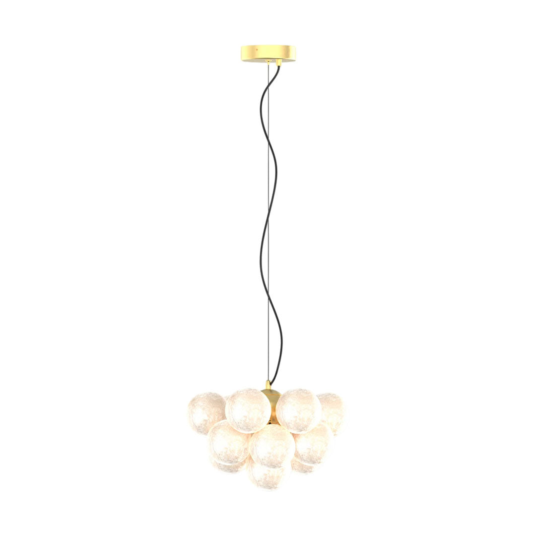 Auréline glass globe chandelier on white background, walnut iron frame with white glass shades