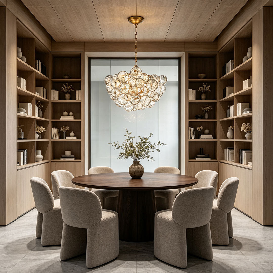 Auréline 10-head glass chandelier as a centrepiece in a luxury dining space