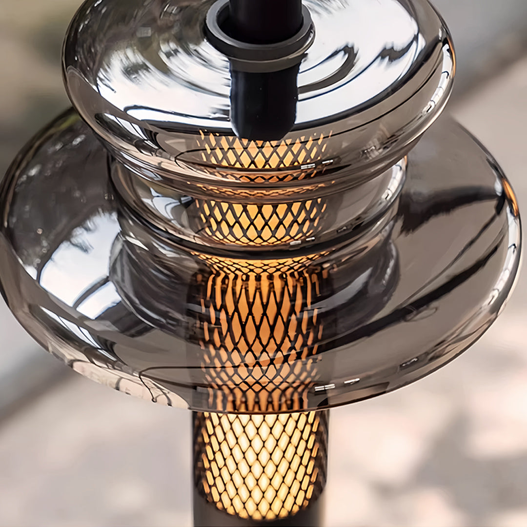 Aureon glass pendant light chrome and tiered detail, close-up of frame construction