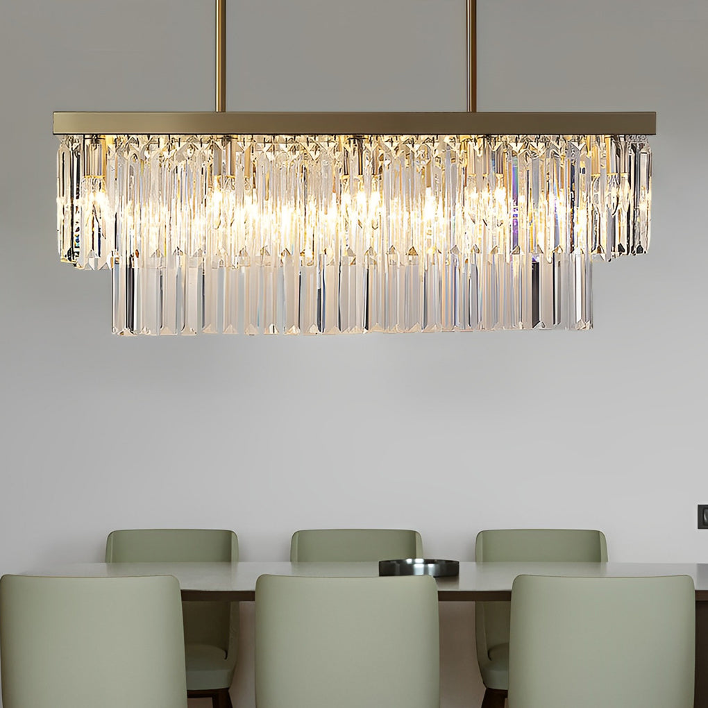 Gold crystal chandelier providing ambient light in a modern dining room setting
