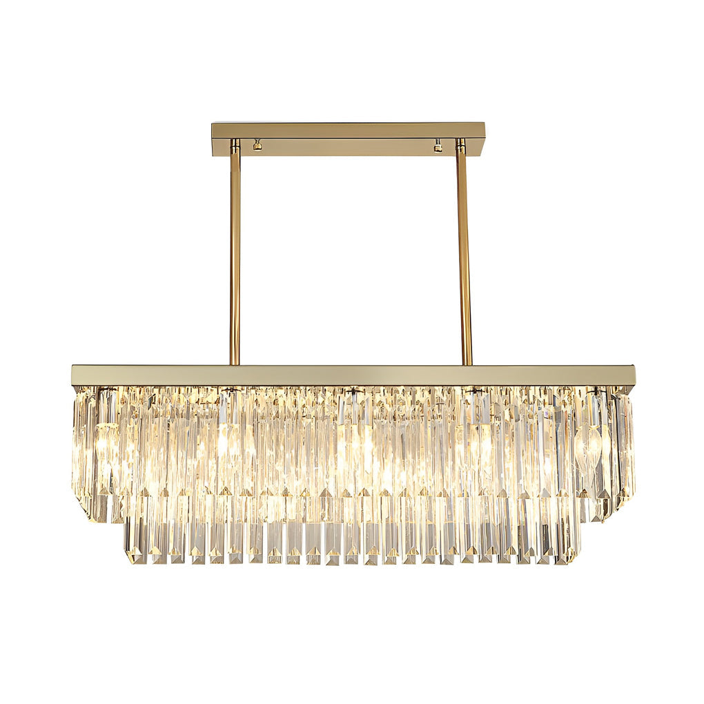 Gold crystal chandelier softly illuminating a modern dining room