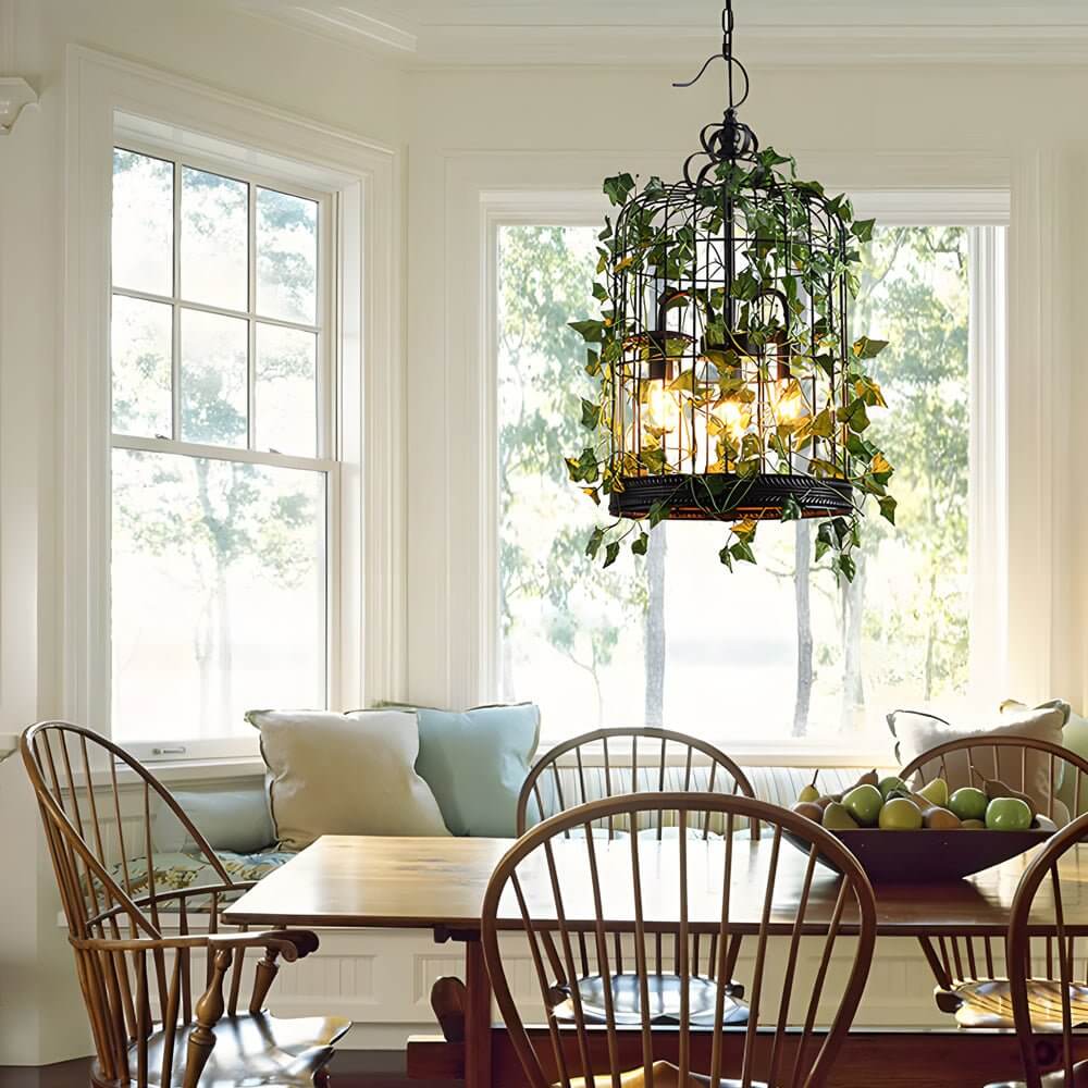 Aureon hanging iron cage light in a bedroom with wooden accents and warm lighting