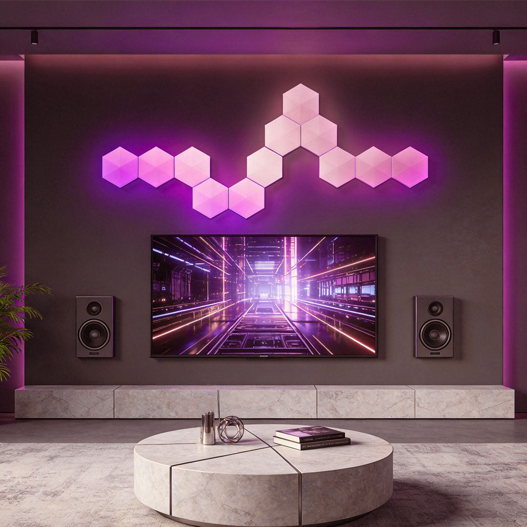 Coloured hexagon LED wall light panels mounted above a TV in a modern living room