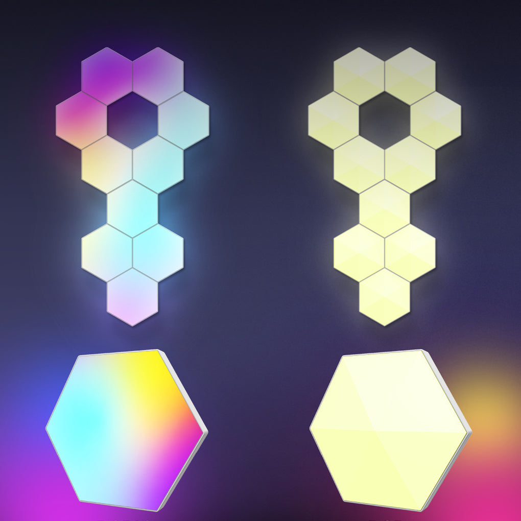 Modular hexagon LED wall light panels arranged in a geometric pattern display