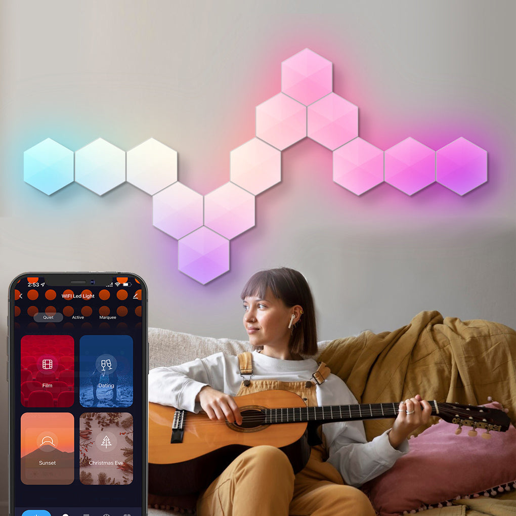 RGBIC hexagon LED wall lights in music-sync mode beside a sofa in a living room