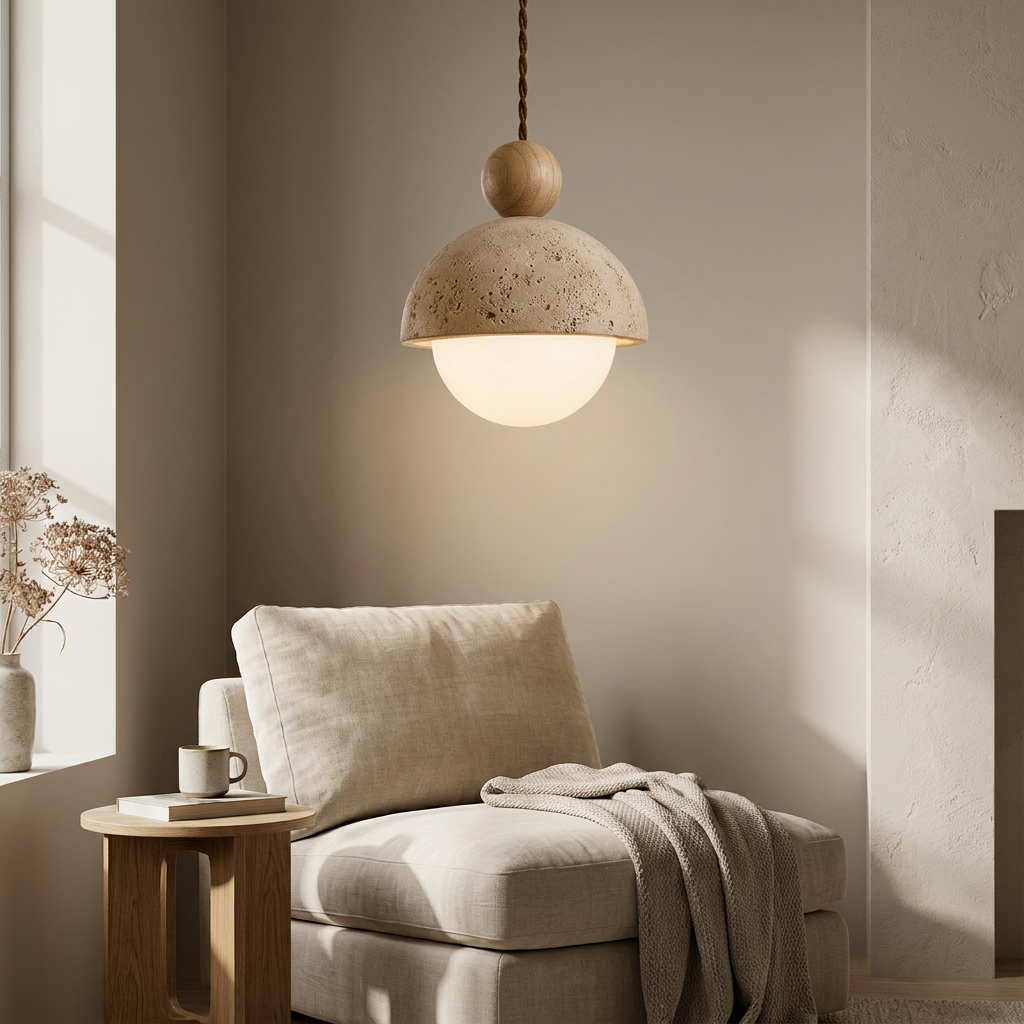 Renji Wabi-Sabi Travertine Dome Pendant Light