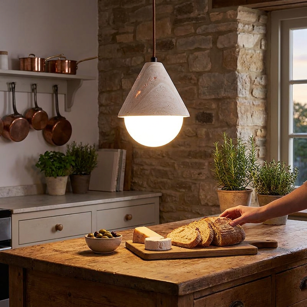Zori yellow travertine pendant light with frosted glass shade in a Japandi interior