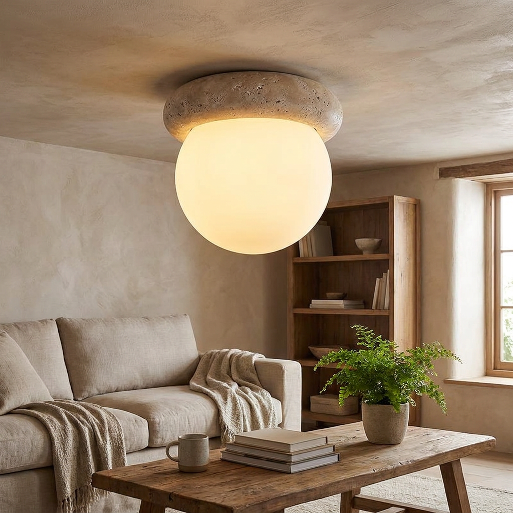 Towa yellow travertine ceiling light installed in a calm Japandi bedroom interior