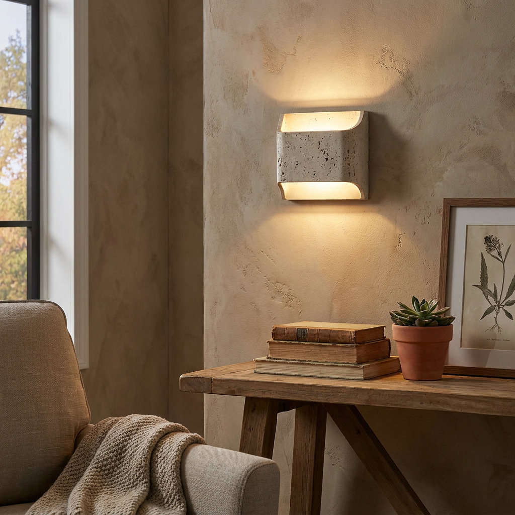 Nami yellow travertine block wall light glowing softly in a Japandi living room