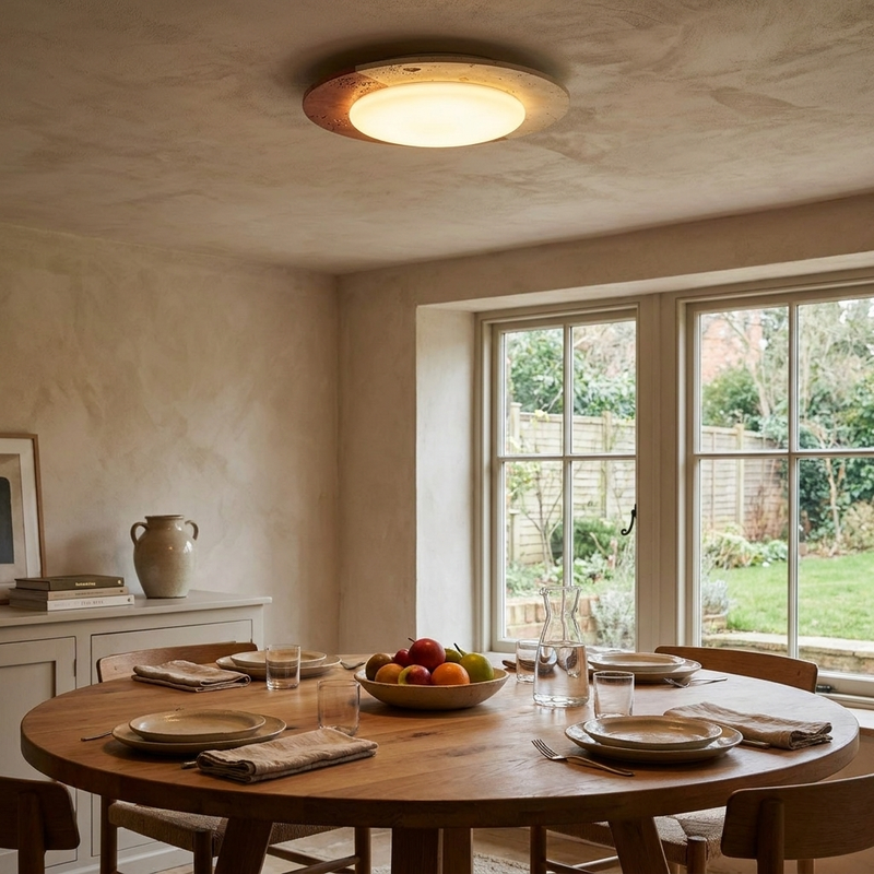 Nami travertine ceiling light fitted in a Japandi bedroom interior