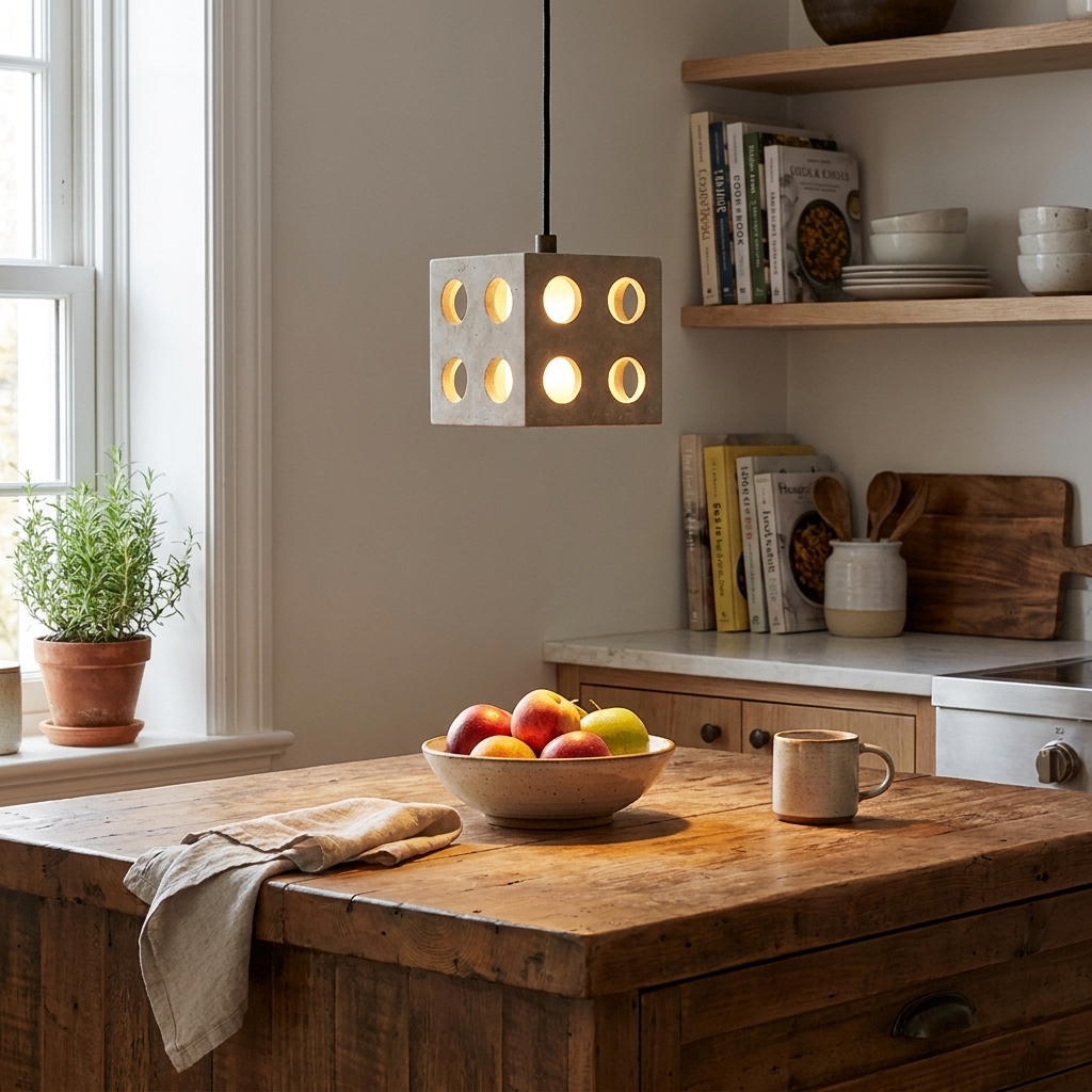 Kiru travertine cube pendant light hanging above a kitchen island in a Japandi interior
