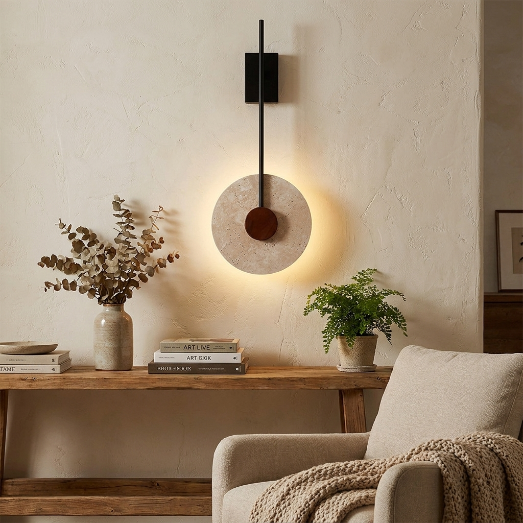 Tovi travertine disc wall light in a warm Japandi bedroom interior